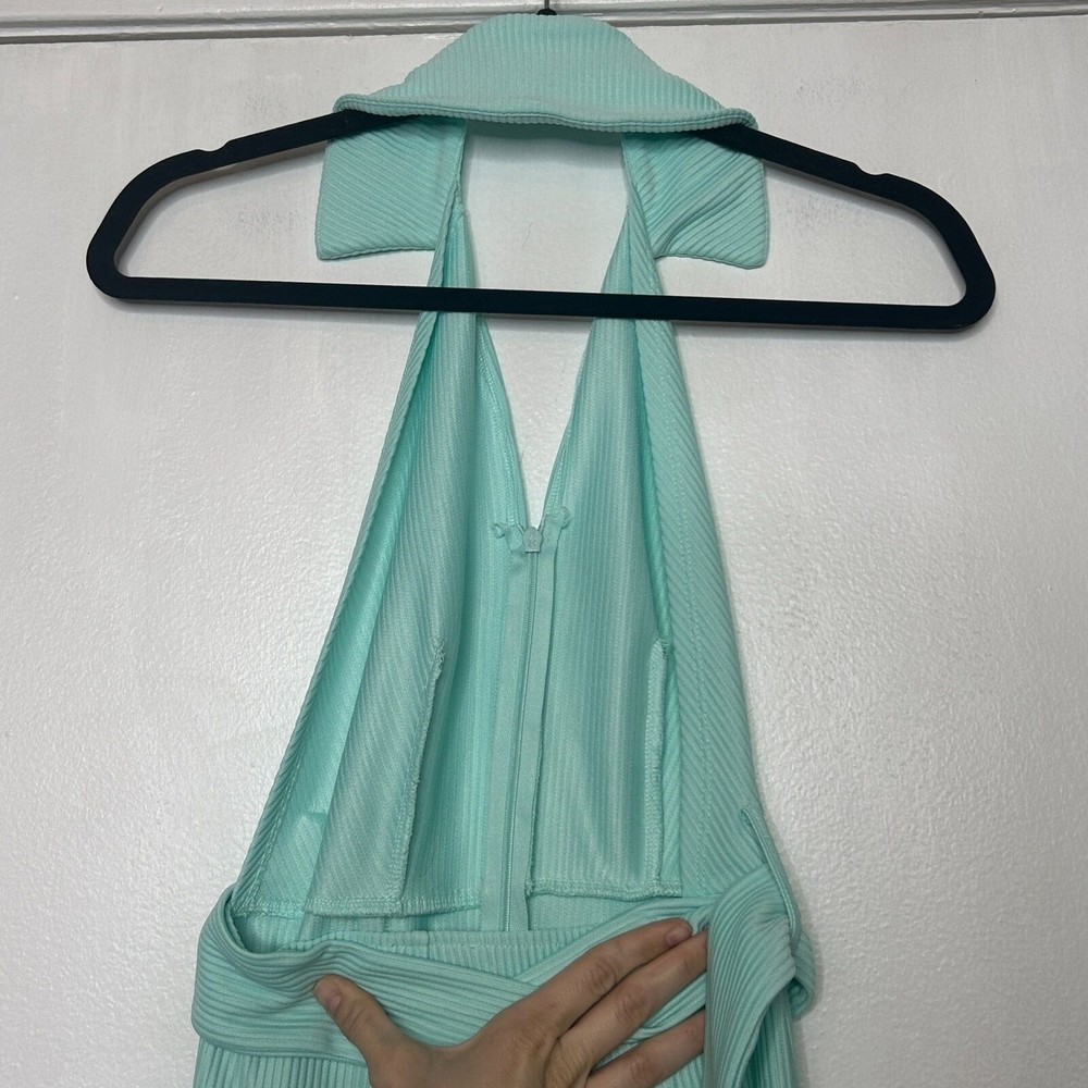 ASOS Ribbed Zip Front Collared Retro Flared Blue Jumpsuit with Belt US 0 - Picture 5 of 7